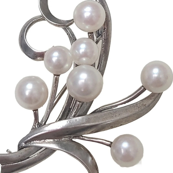 MIKIMOTO Sterling Silver PEARL BROOCH 7 Akoya Japanese PEARL 7.4 G 1.75" BS3 - Picture 4 of 9